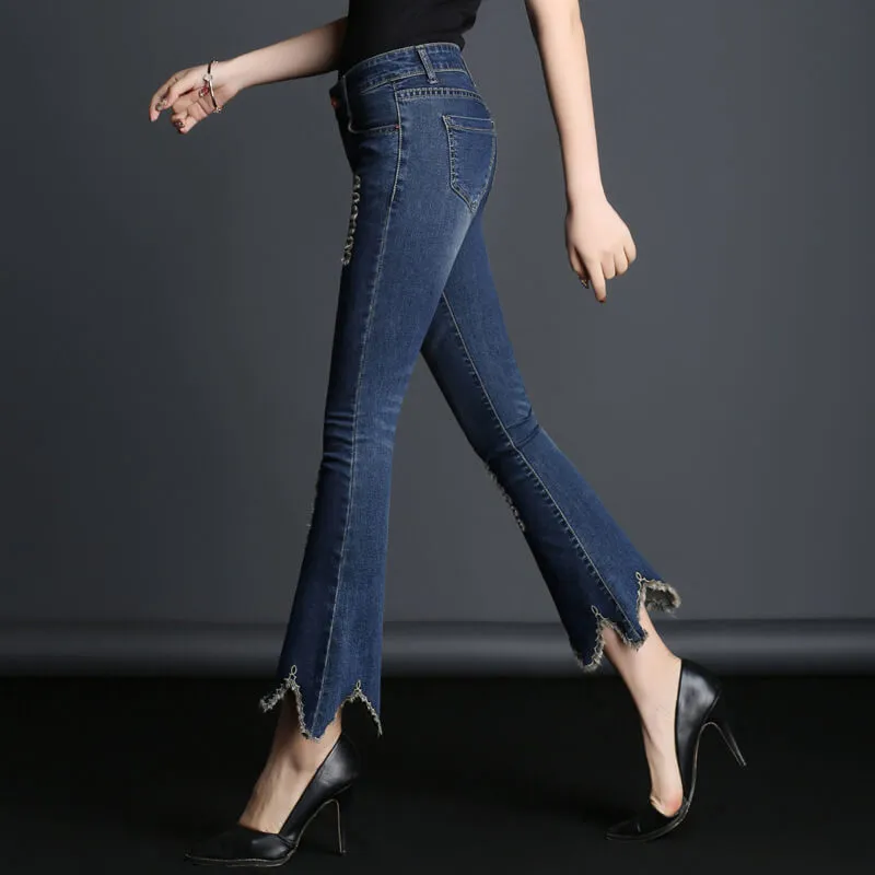 High Waist Solid Color Bell-bottomed 9/10 Length Irregular Jeans