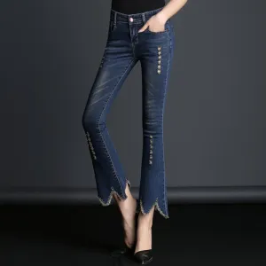 High Waist Solid Color Bell-bottomed 9/10 Length Irregular Jeans