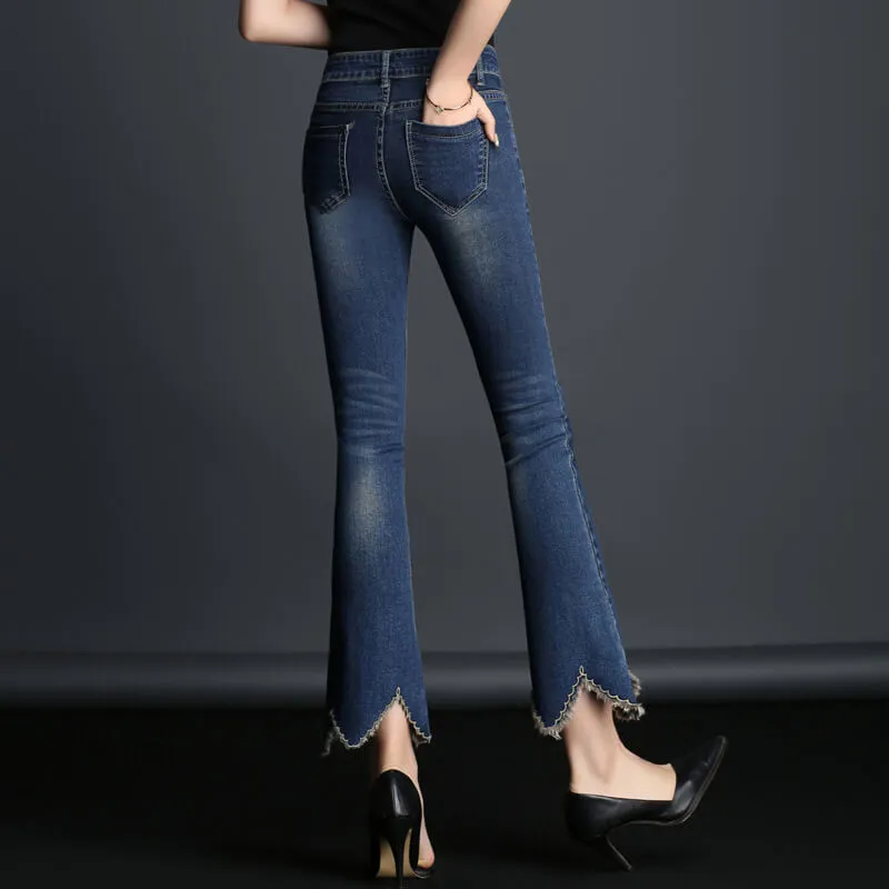 High Waist Solid Color Bell-bottomed 9/10 Length Irregular Jeans