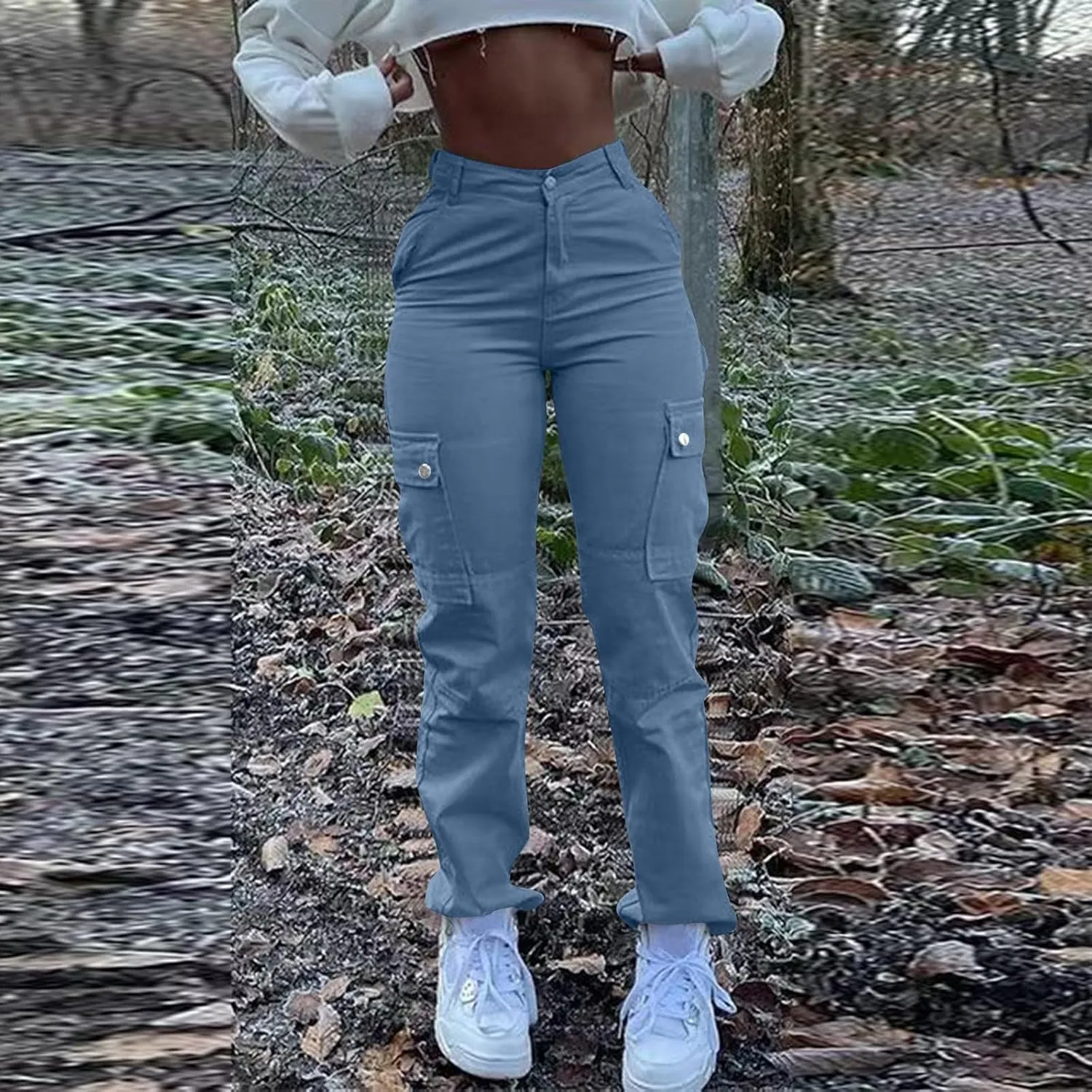 High Waisted Cargo Pants for Women Casual Baggy Cargo Jeans Straight Wide Leg Trousers Stretchy Pants with Pockets