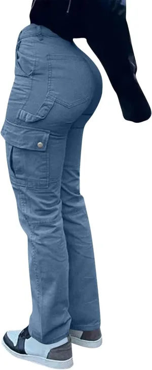 High Waisted Cargo Pants for Women Casual Baggy Cargo Jeans Straight Wide Leg Trousers Stretchy Pants with Pockets