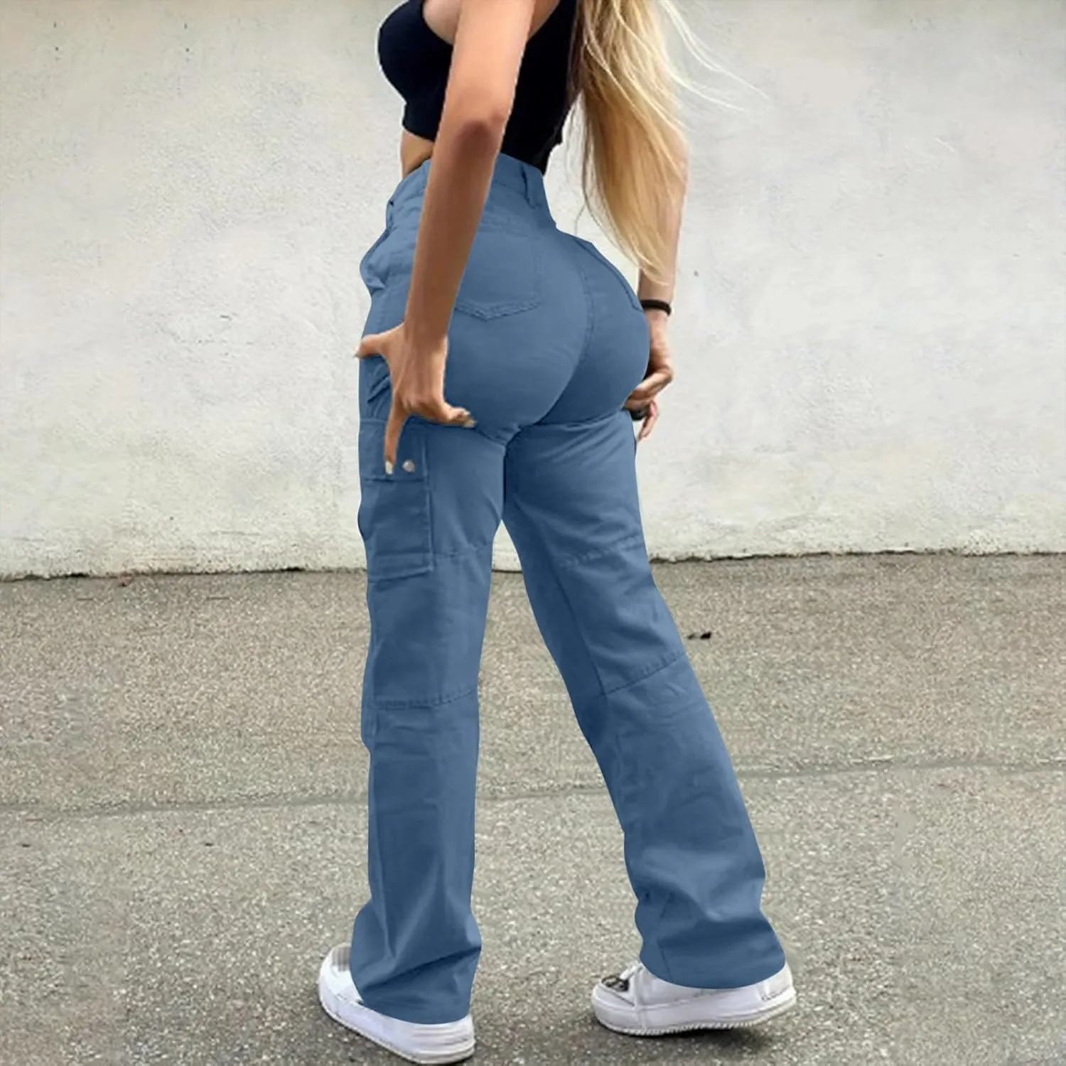 High Waisted Cargo Pants for Women Casual Baggy Cargo Jeans Straight Wide Leg Trousers Stretchy Pants with Pockets