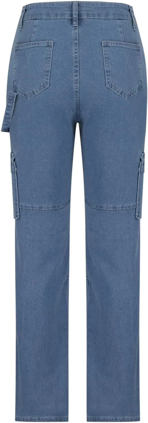 High Waisted Cargo Pants for Women Casual Baggy Cargo Jeans Straight Wide Leg Trousers Stretchy Pants with Pockets