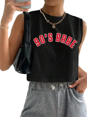 Hilinker Womens Crew Neck Loose Crop Tank Tops Workout Casual Sleeveless T-Shirt
