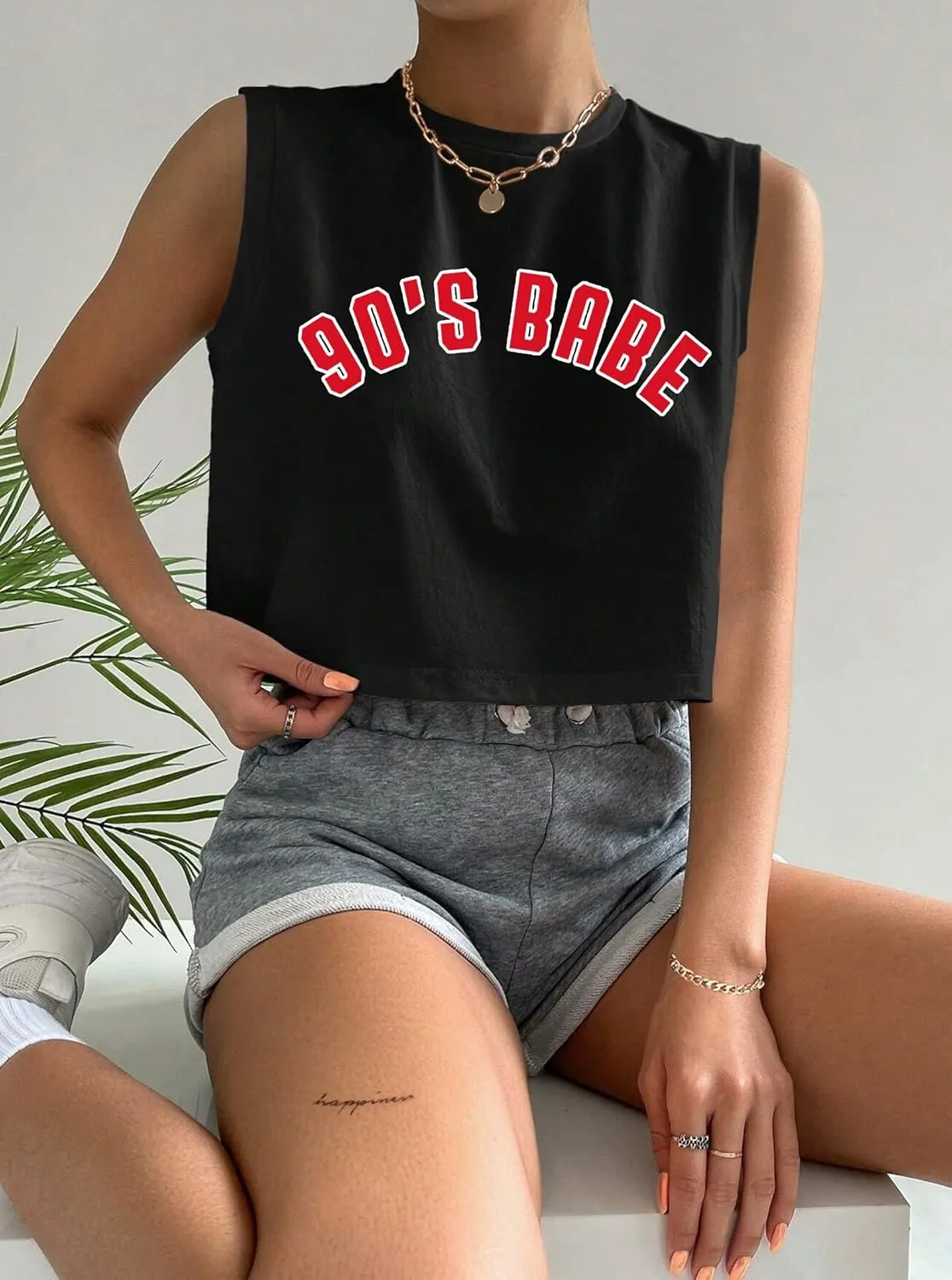 Hilinker Womens Crew Neck Loose Crop Tank Tops Workout Casual Sleeveless T-Shirt