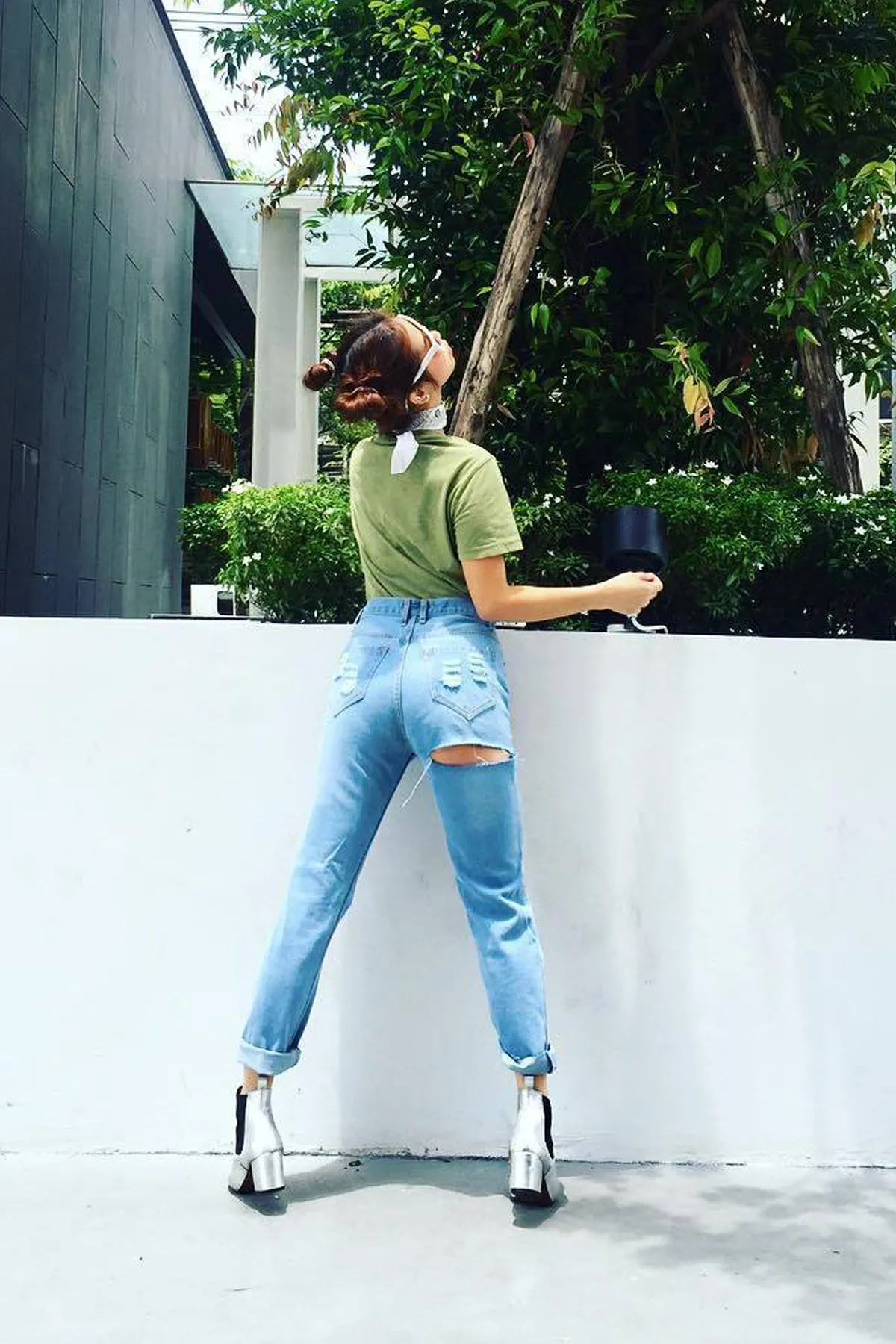 Hip Cut Out Hole Curled Skinny Long Jeans Denim Pants
