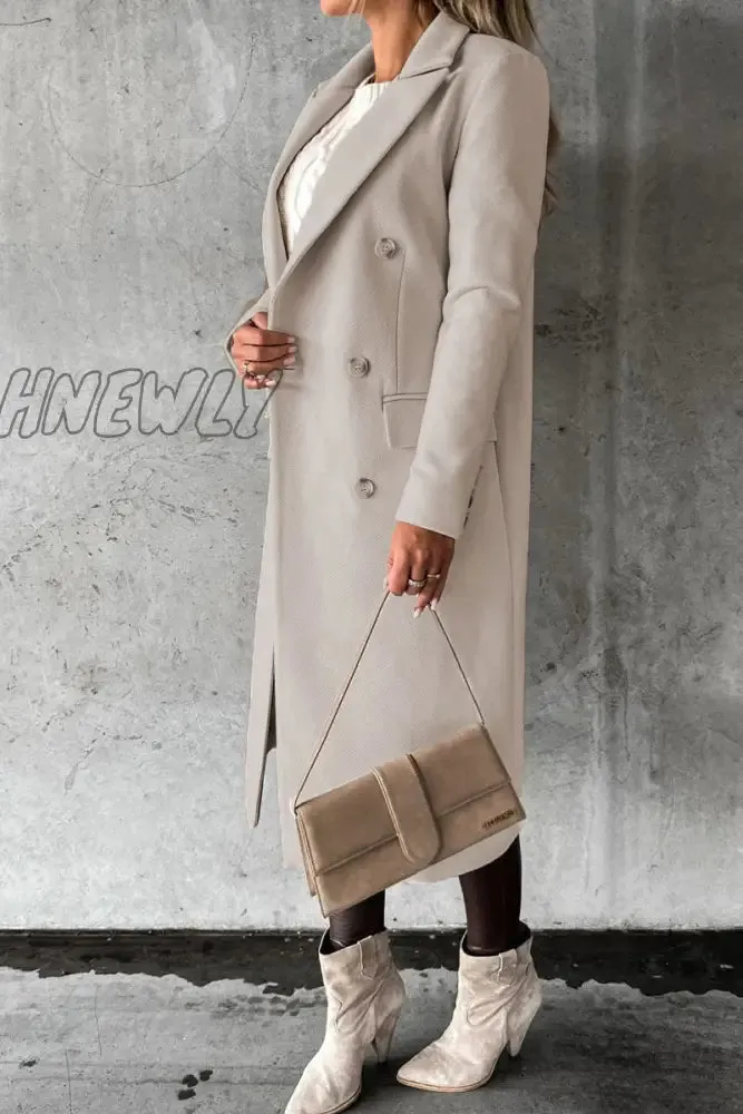 Hnewly - Elegant Solid Buttons Turndown Collar Outerwear