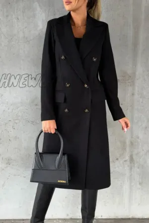 Hnewly - Elegant Solid Buttons Turndown Collar Outerwear