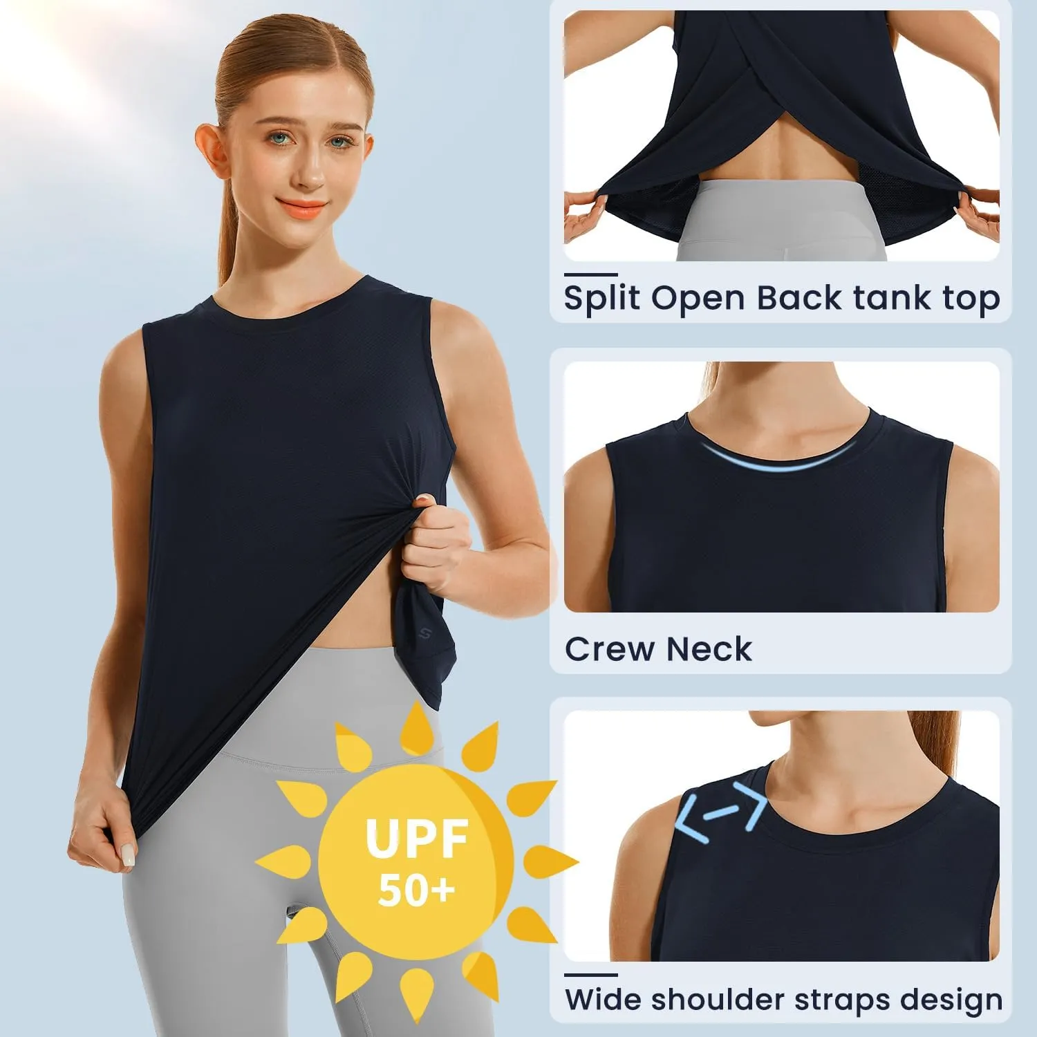 HODOSPORTS Workout Tops for Women UPF 50  Open Back Sleeveless Tank Tops Quick Dry Athletic Gym Yoga Shirts Loose Fit