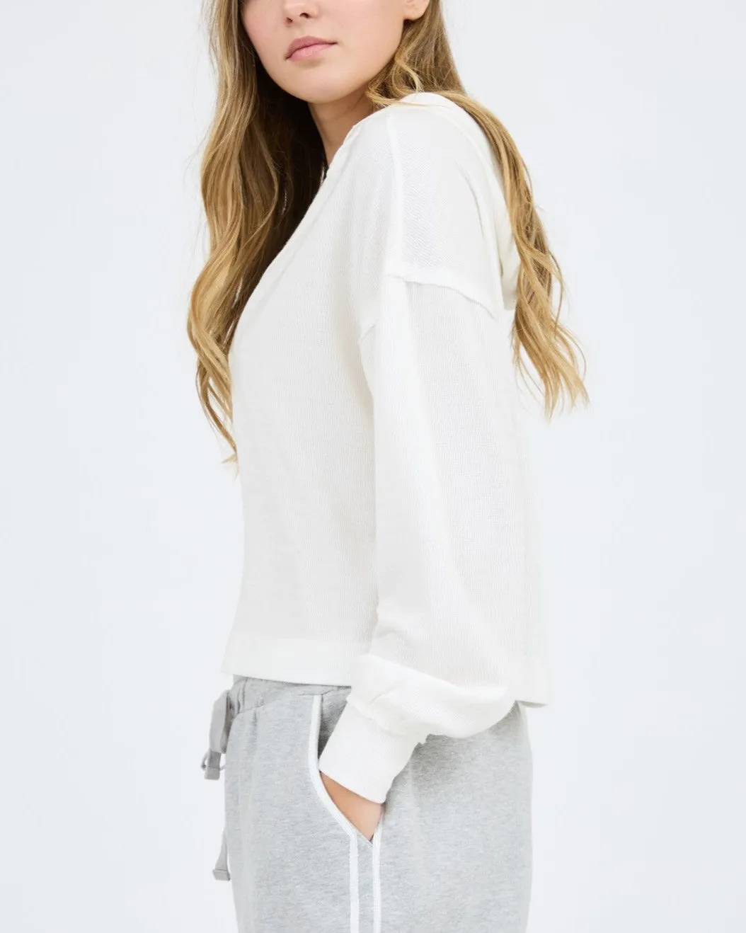 Hooded Split Neck Knit Top - Off White