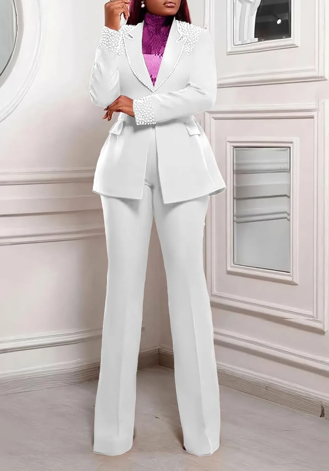HuiSiFang Women 2 Piece Blazer Sets Elegant Pearl Dressy Pant Suits Business Casual Blazer Outfits Work Office