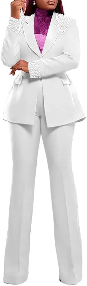 HuiSiFang Women 2 Piece Blazer Sets Elegant Pearl Dressy Pant Suits Business Casual Blazer Outfits Work Office