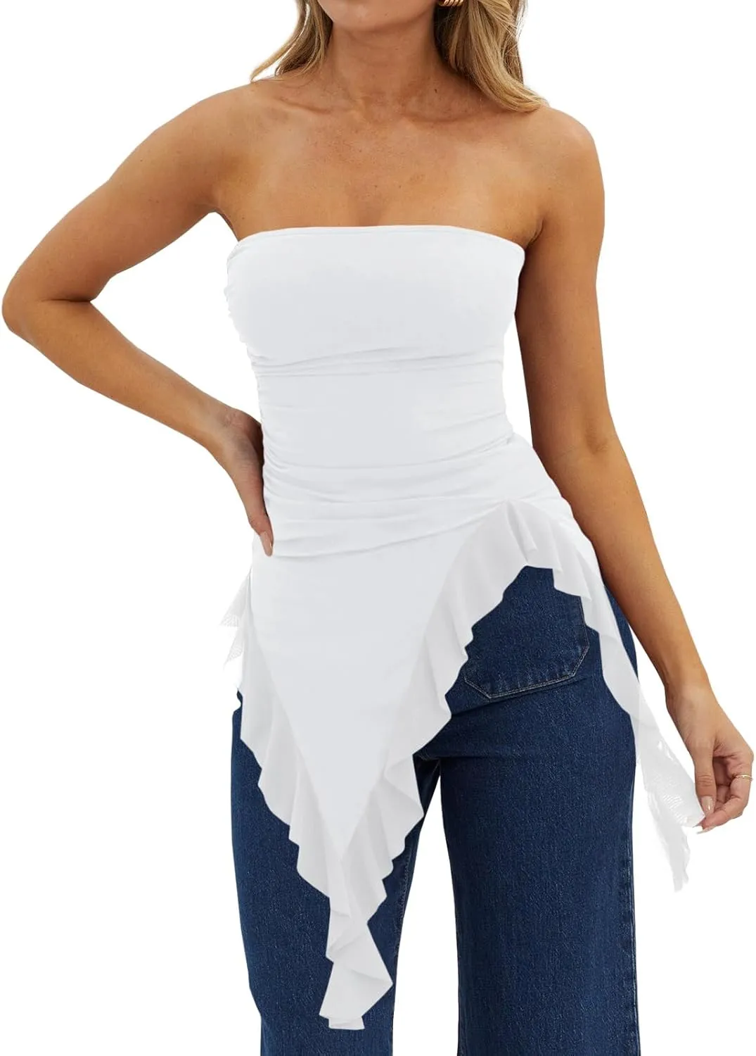 Imily Bela Womens Asymmetrical Tube Top Strapless Ruffle Hem Slim Fitted Shirts Y2K Going Out Tops