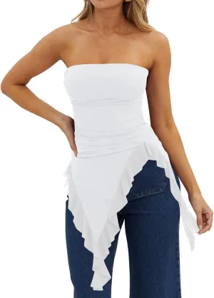 Imily Bela Womens Asymmetrical Tube Top Strapless Ruffle Hem Slim Fitted Shirts Y2K Going Out Tops