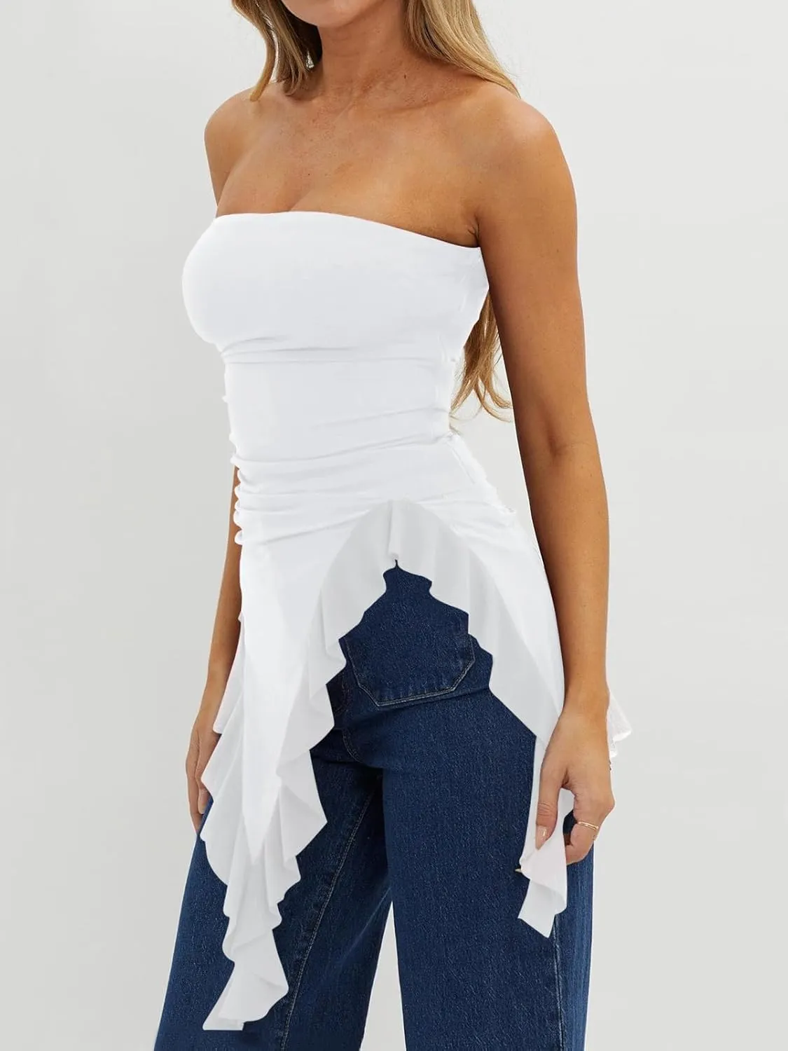 Imily Bela Womens Asymmetrical Tube Top Strapless Ruffle Hem Slim Fitted Shirts Y2K Going Out Tops
