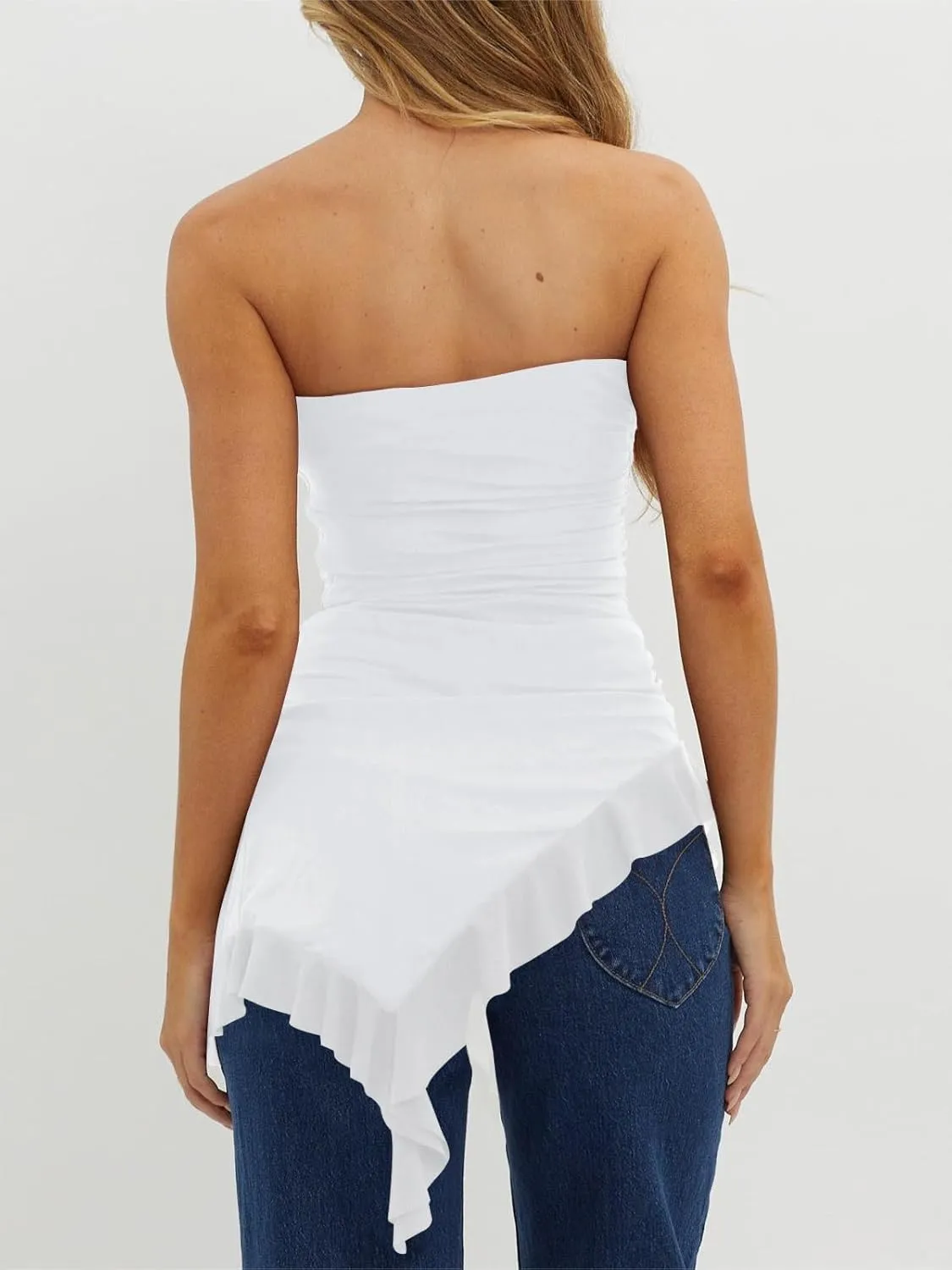Imily Bela Womens Asymmetrical Tube Top Strapless Ruffle Hem Slim Fitted Shirts Y2K Going Out Tops