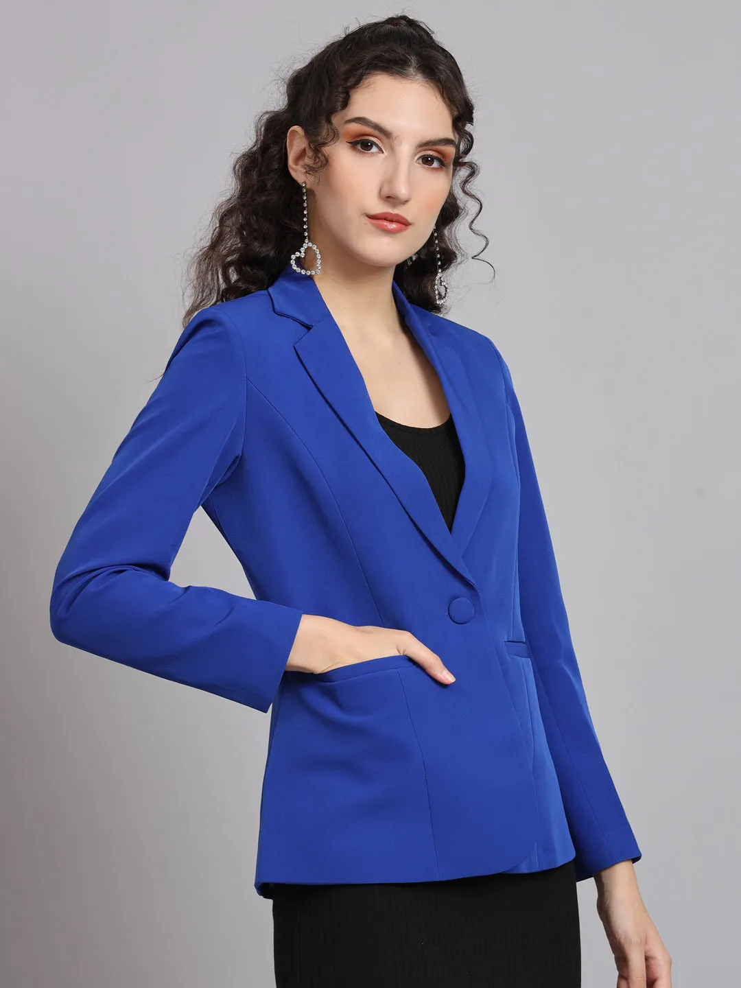 Ink Blue Polyester Notch Collar Stretch blazer