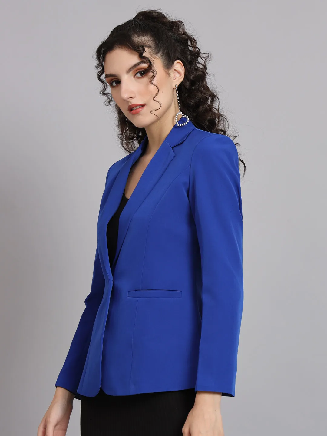 Ink Blue Polyester Notch Collar Stretch blazer