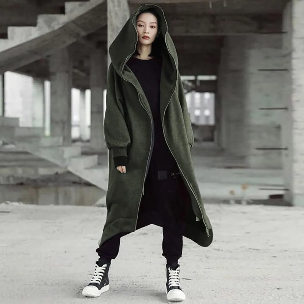 Janepam Women Windbreaker Long Hoodie Oversized Jacket Pocket Solid Color Zip-up Baggy Maxi-Length Outerwear Streetwear