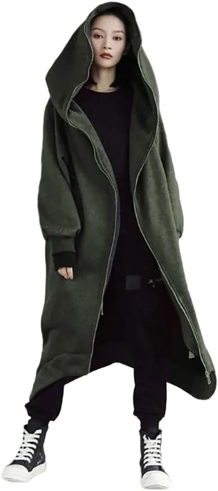 Janepam Women Windbreaker Long Hoodie Oversized Jacket Pocket Solid Color Zip-up Baggy Maxi-Length Outerwear Streetwear