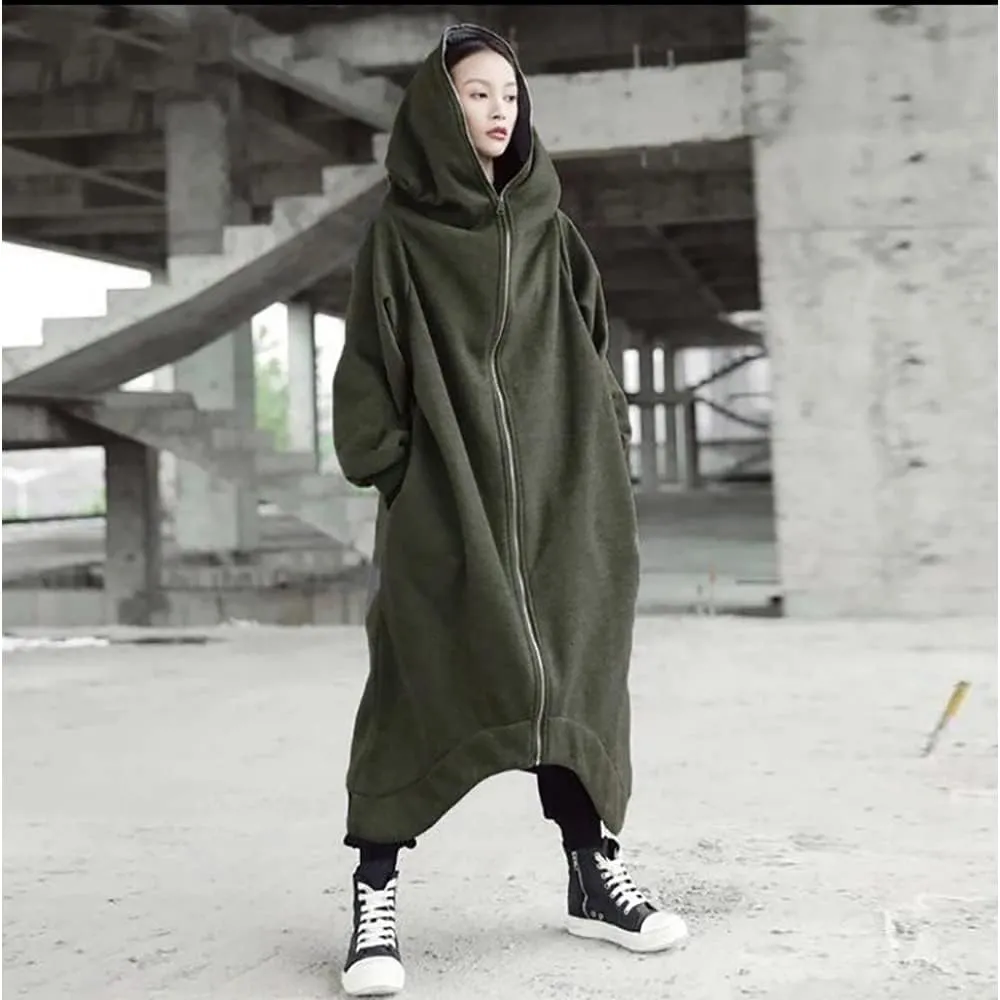 Janepam Women Windbreaker Long Hoodie Oversized Jacket Pocket Solid Color Zip-up Baggy Maxi-Length Outerwear Streetwear