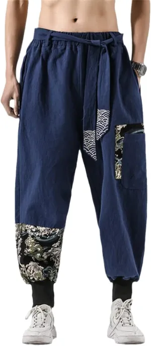 Japanese Kimono Men Cotton Linen Costume Belt Retro Harem Pants Baggy Trousers Harajuku Hip Hop