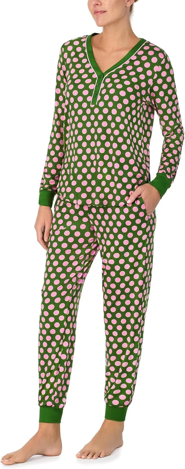 kate spade new york Women's 2-Piece Long Sleeve Henley Top & Jogger Pant Pajama Set, Brushed Cozy Soft Jersey, Ribbed Cuffs