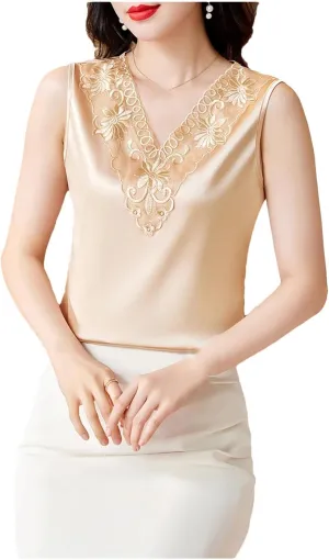Korean Embroidered Lace Camisole Summer Women's Sleeveless Satin Tank Top Shirt V Neck Casual Tank Top
