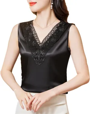 Korean Embroidered Lace Camisole Summer Women's Sleeveless Satin Tank Top Shirt V Neck Casual Tank Top
