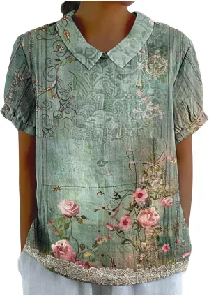 Linen Blouses Button Shirts Top Fresh Gradient Short Sleeved Pullover Top Bathing Suit Cover Up Spring Tops for