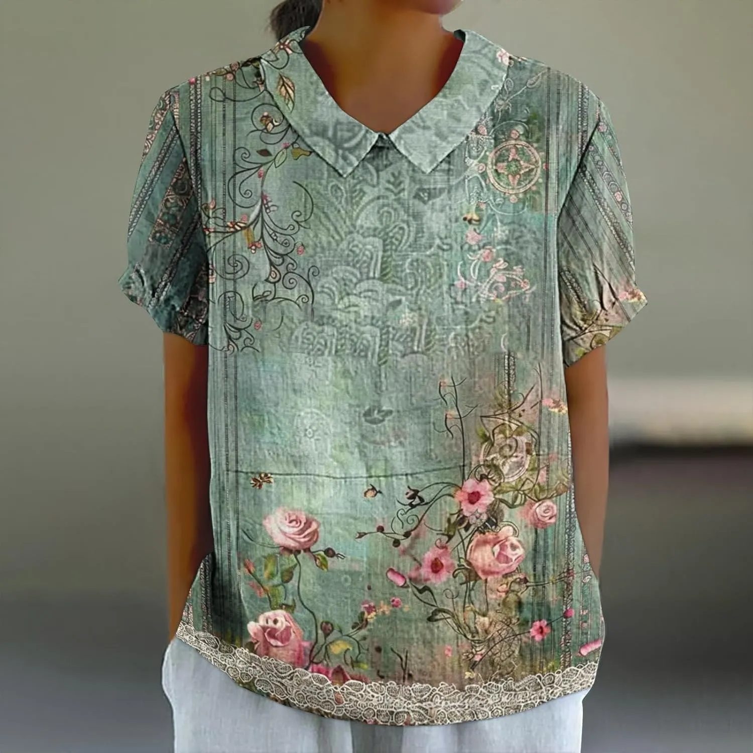 Linen Blouses Button Shirts Top Fresh Gradient Short Sleeved Pullover Top Bathing Suit Cover Up Spring Tops for