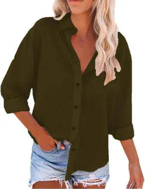 Linen Outfits Women Summer Solid Color Shirt Long Sleeve Down Shirt Loose Fit Vacation Beach Workwear Tops Womens