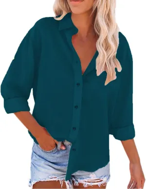 Linen Outfits Women Summer Solid Color Shirt Long Sleeve Down Shirt Loose Fit Vacation Beach Workwear Tops Womens