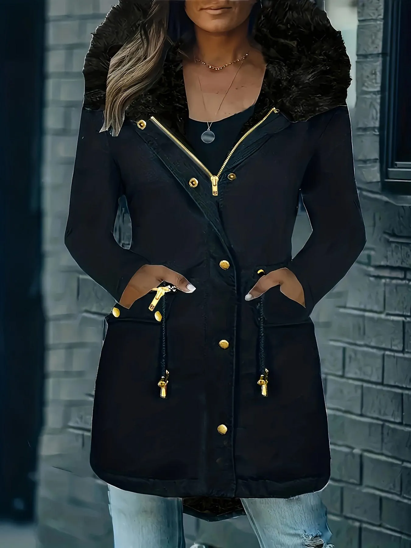 Long Sleeve Hooded Drawstring Winter Coat For Women