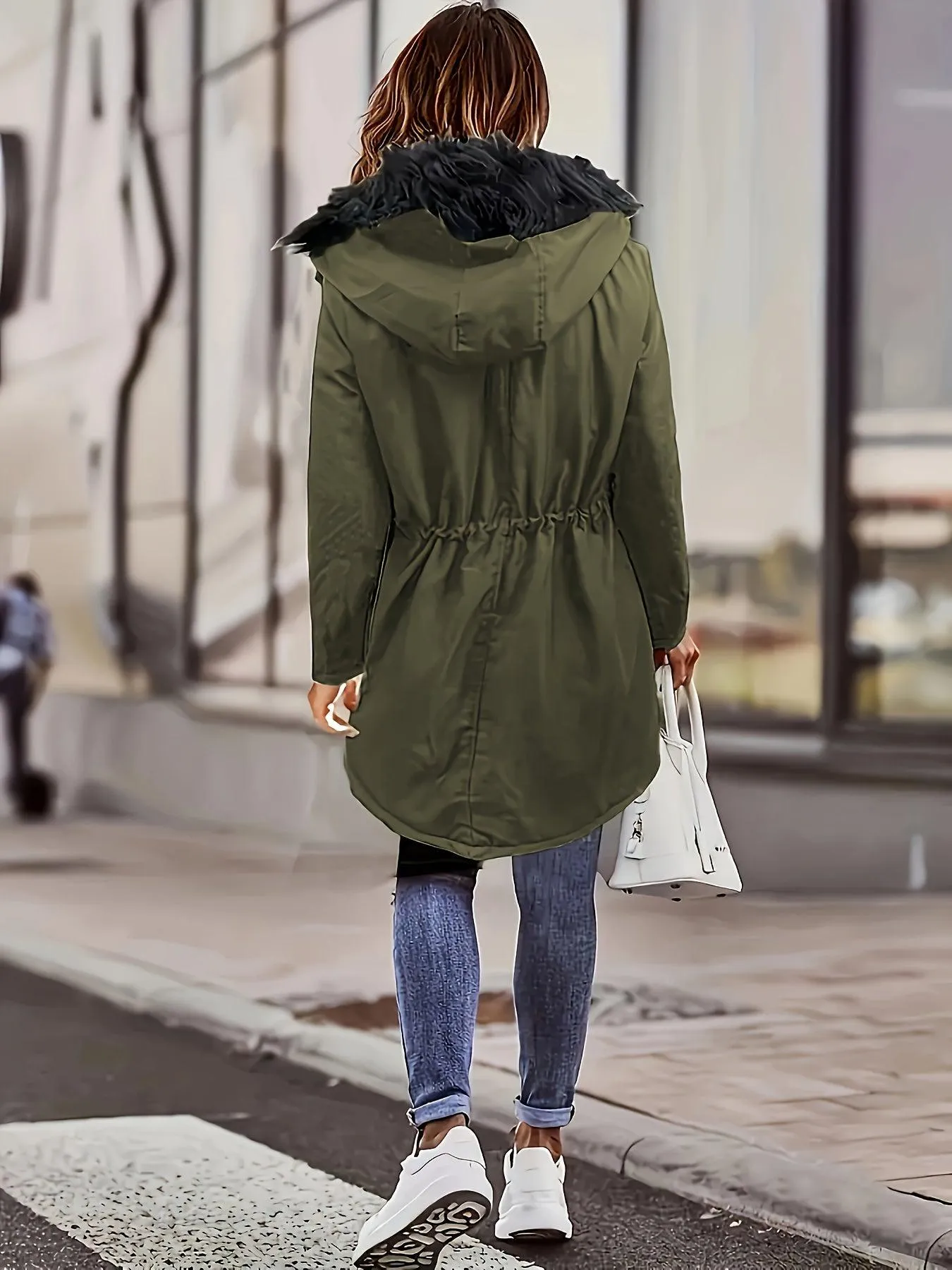 Long Sleeve Hooded Drawstring Winter Coat For Women