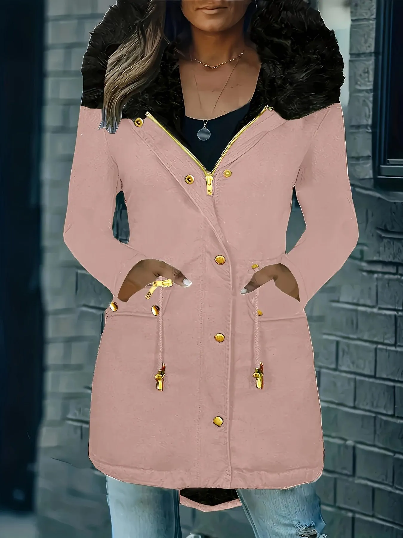 Long Sleeve Hooded Drawstring Winter Coat For Women