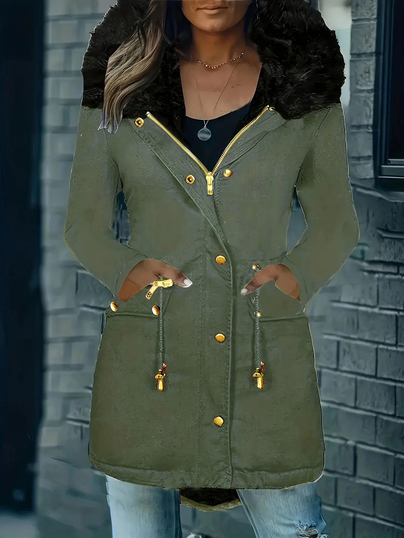 Long Sleeve Hooded Drawstring Winter Coat For Women