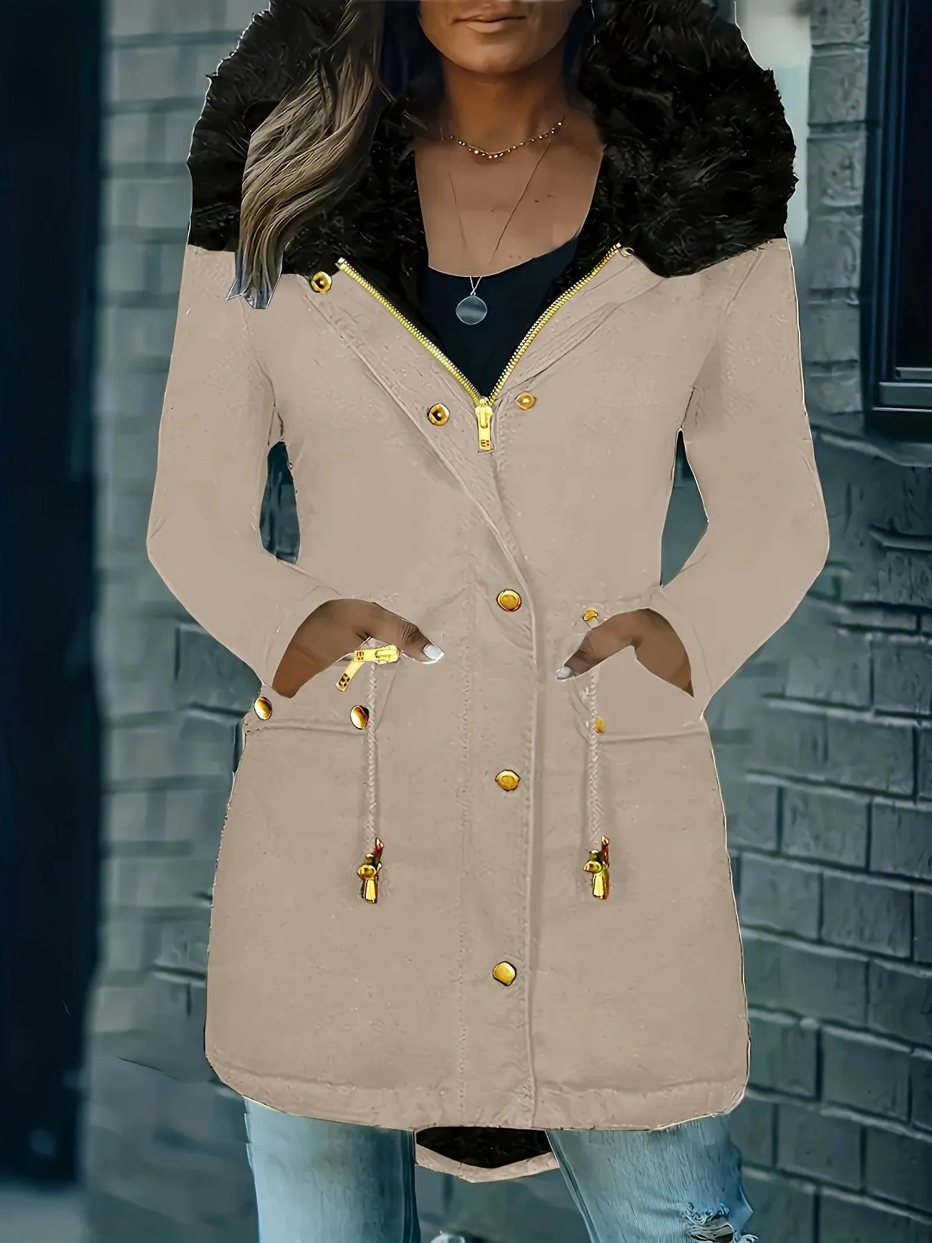 Long Sleeve Hooded Drawstring Winter Coat For Women