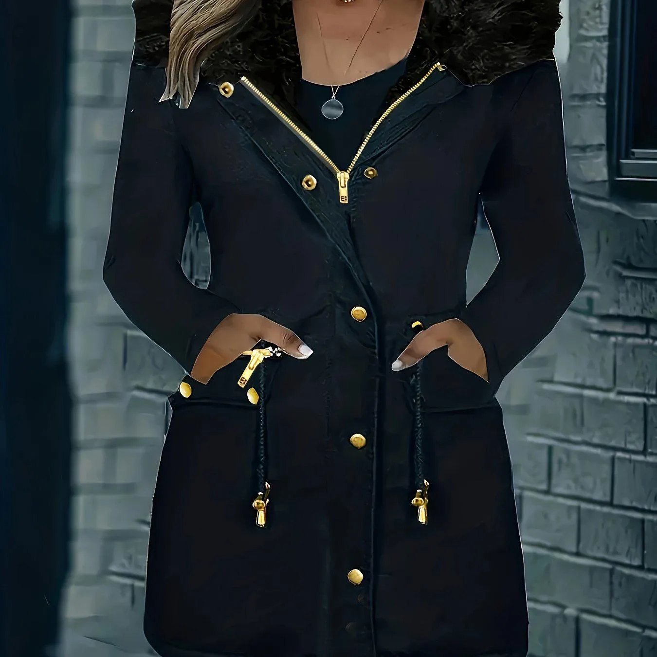 Long Sleeve Hooded Drawstring Winter Coat For Women