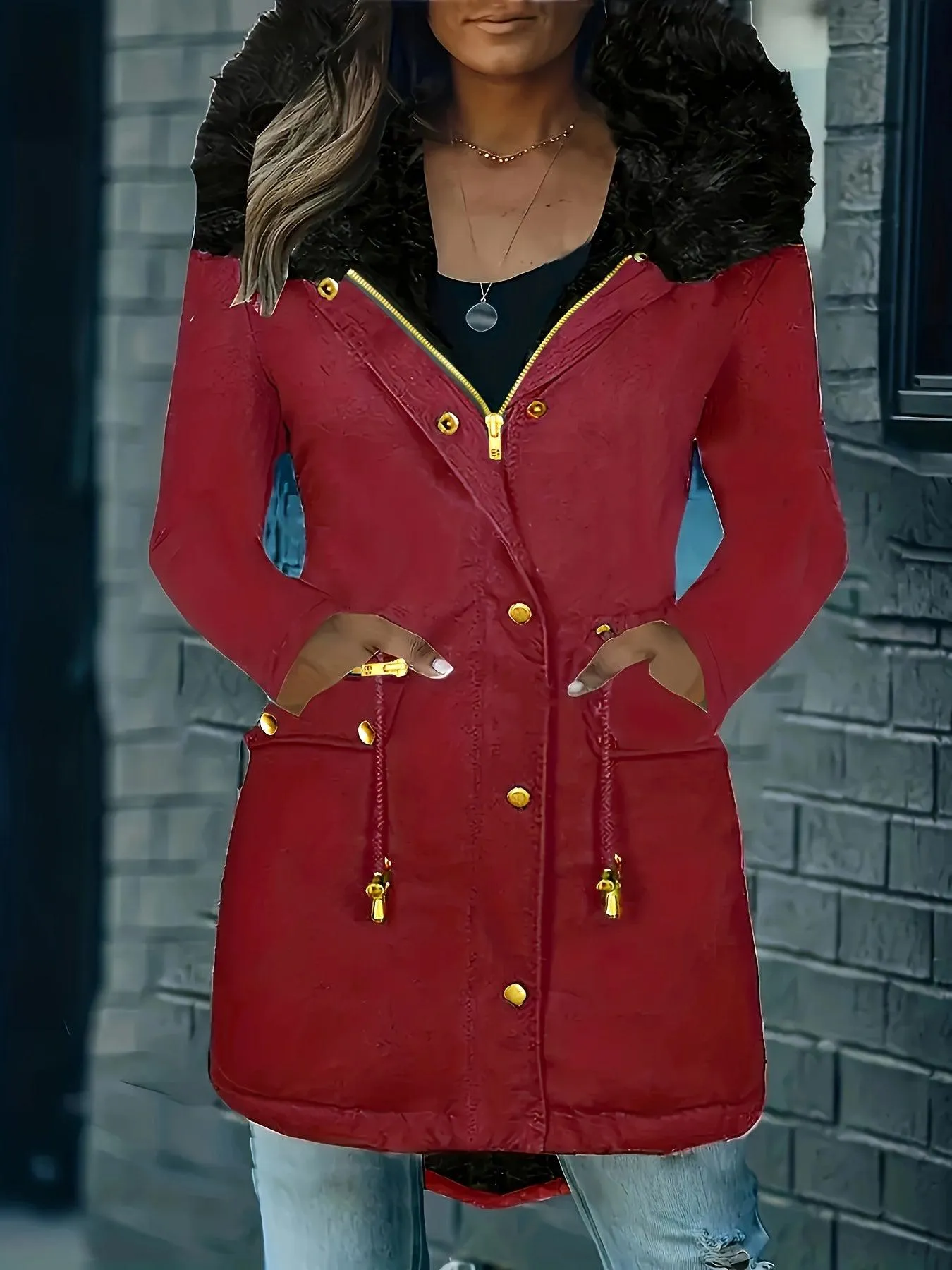 Long Sleeve Hooded Drawstring Winter Coat For Women