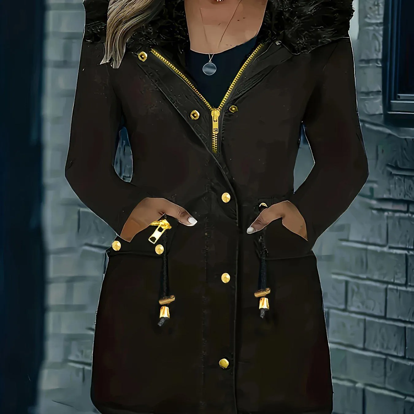 Long Sleeve Hooded Drawstring Winter Coat For Women