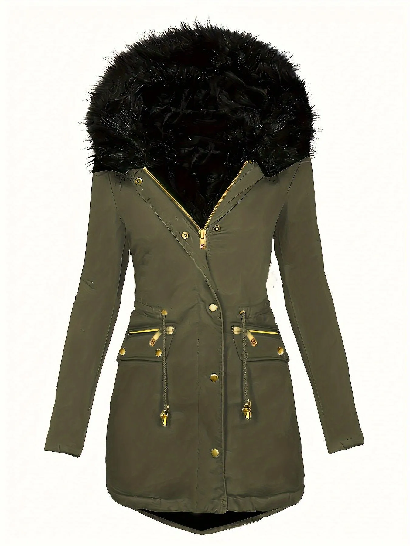 Long Sleeve Hooded Drawstring Winter Coat For Women
