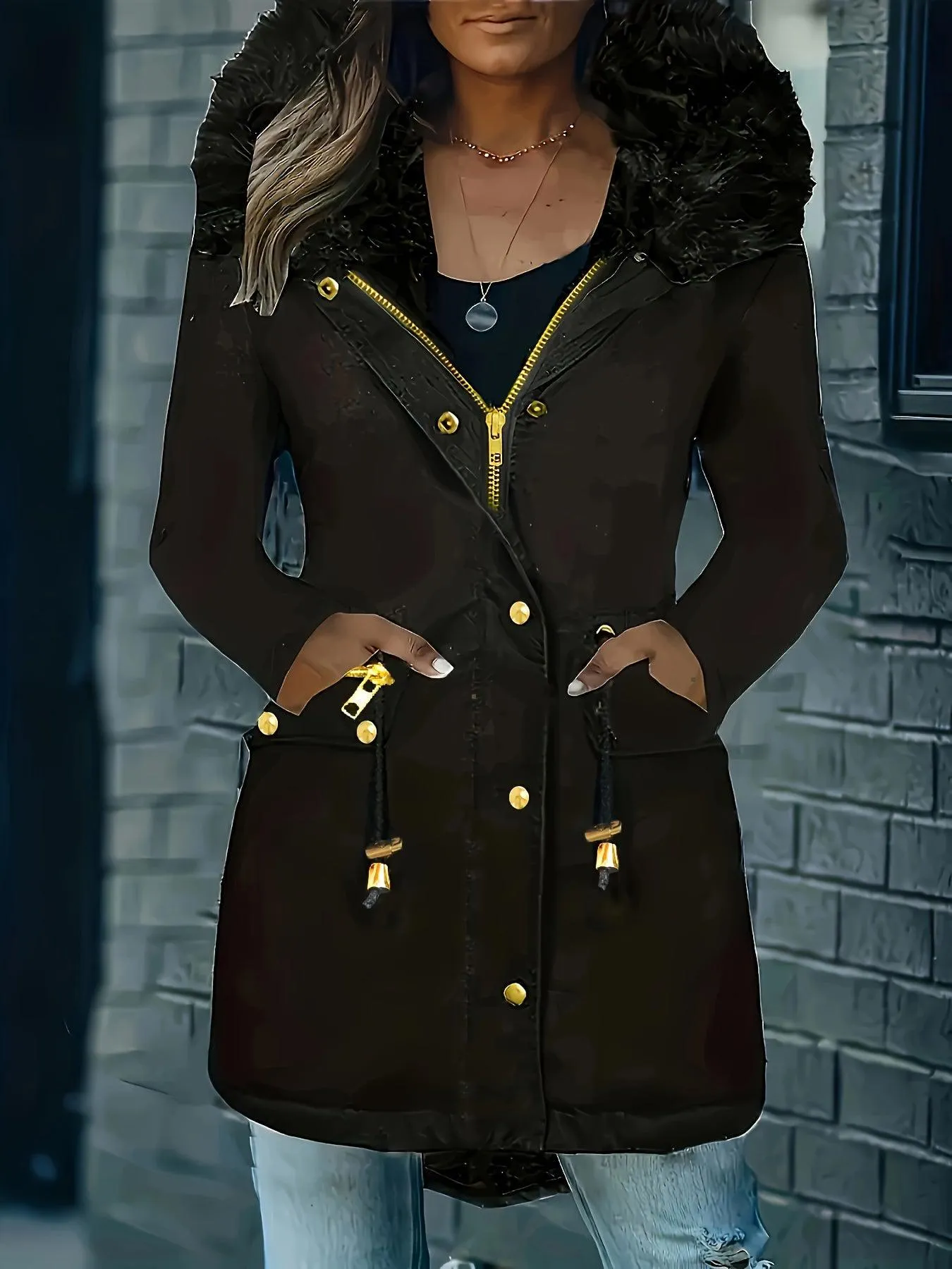 Long Sleeve Hooded Drawstring Winter Coat For Women