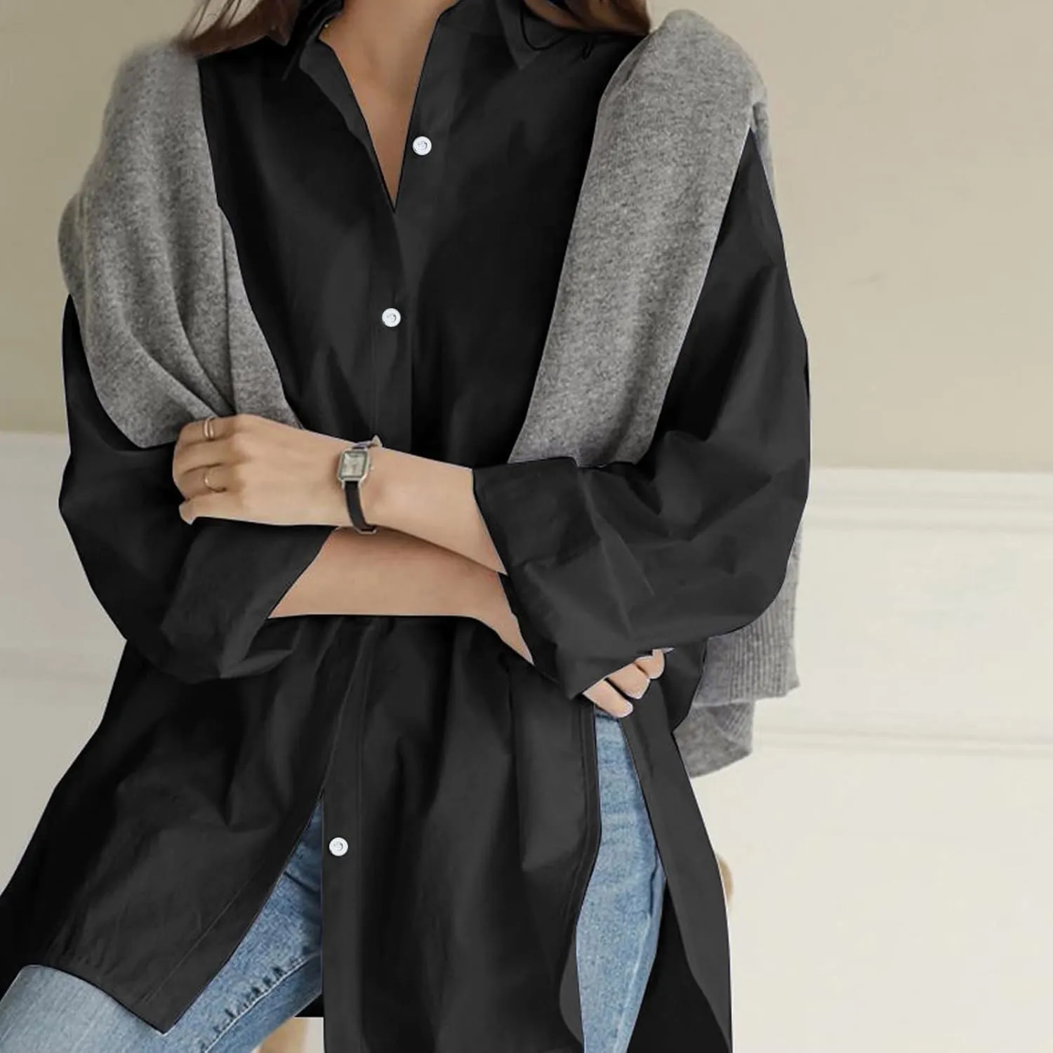 Loose Size Solid Shirt for Women Casual Long Sleeve Blouse Button Open Front Outwear Comfy Tops Work Office Tops