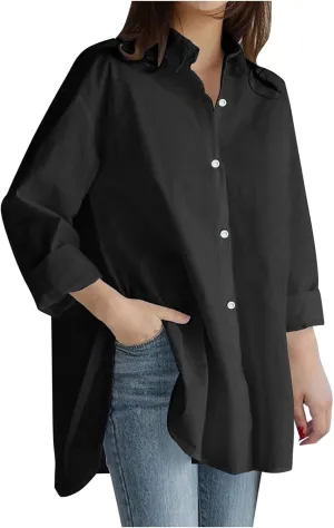 Loose Size Solid Shirt for Women Casual Long Sleeve Blouse Button Open Front Outwear Comfy Tops Work Office Tops