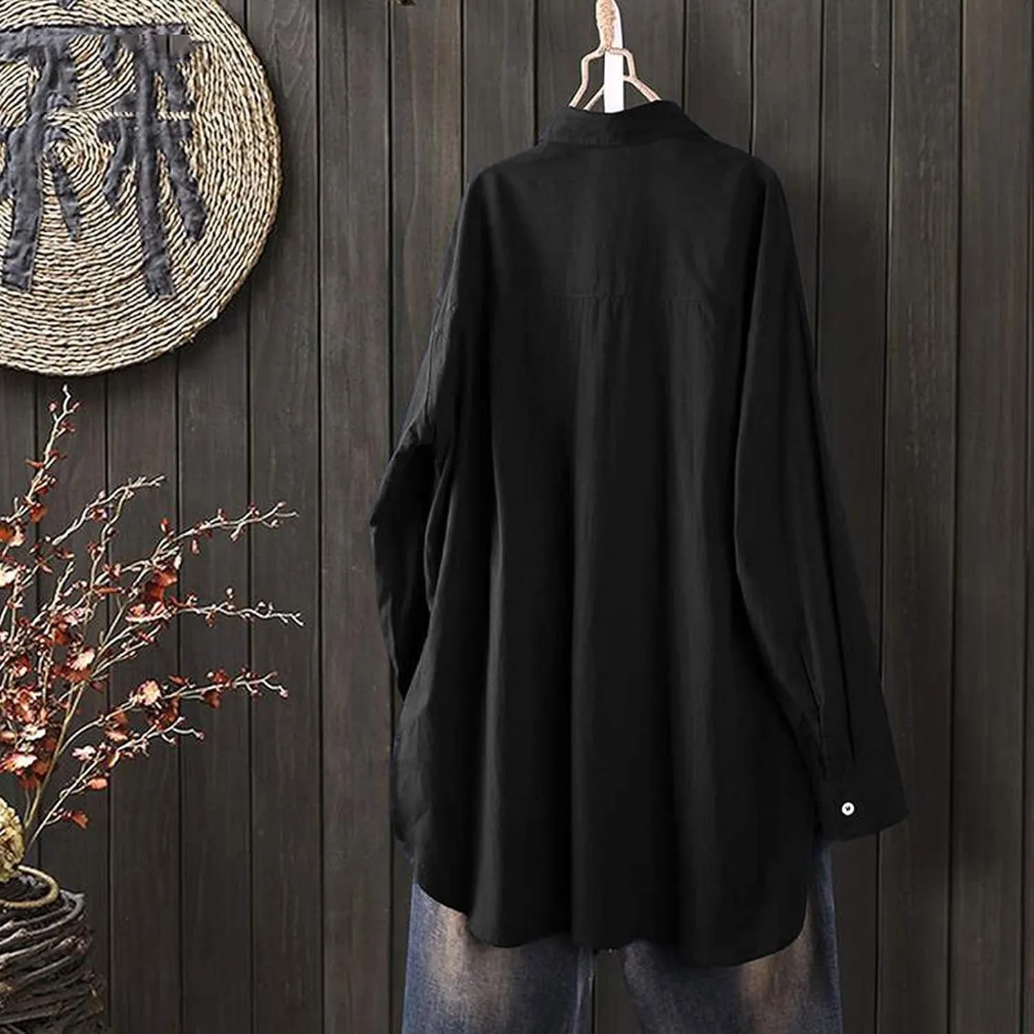 Loose Size Solid Shirt for Women Casual Long Sleeve Blouse Button Open Front Outwear Comfy Tops Work Office Tops