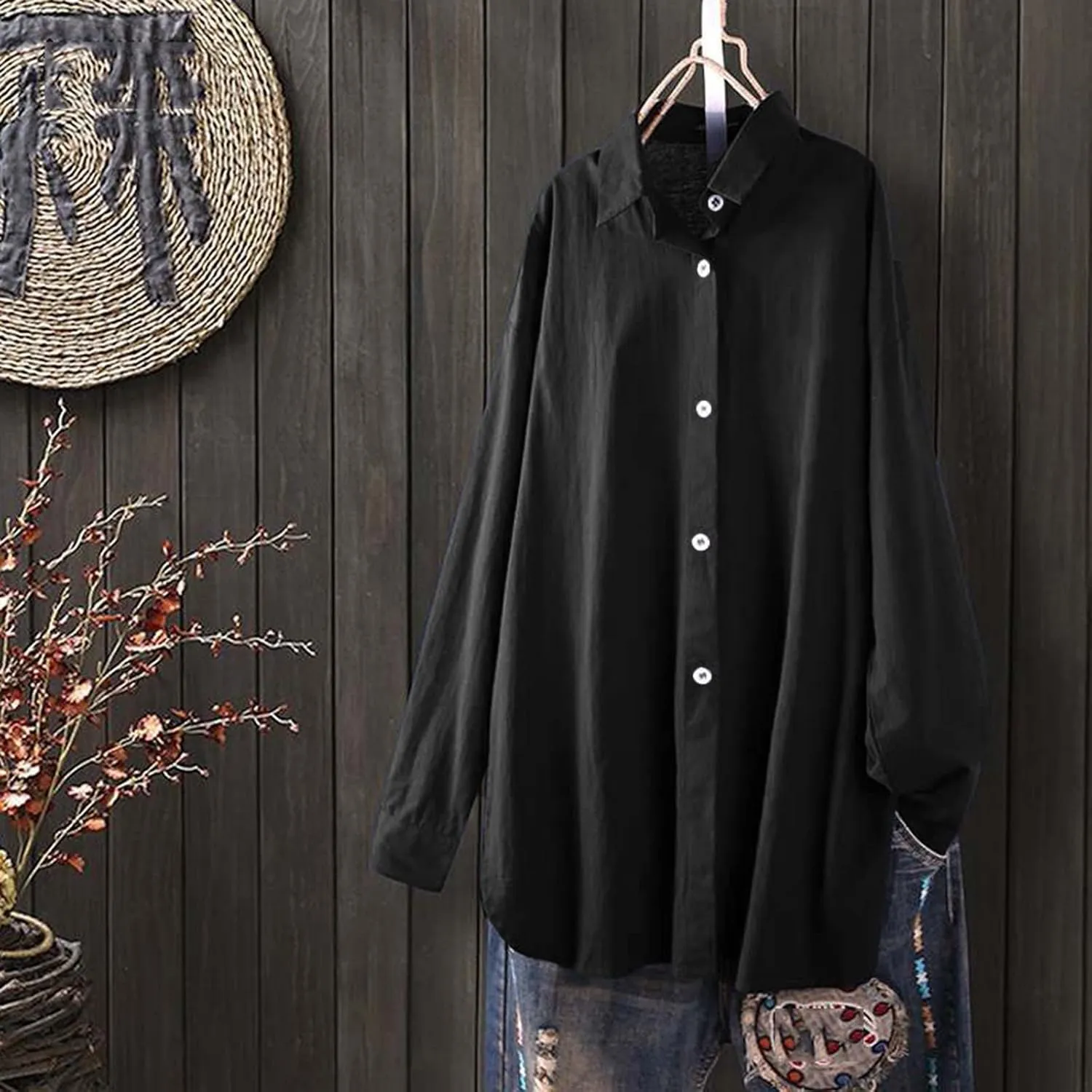 Loose Size Solid Shirt for Women Casual Long Sleeve Blouse Button Open Front Outwear Comfy Tops Work Office Tops