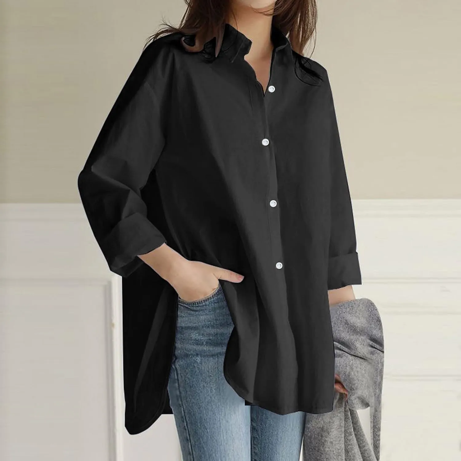 Loose Size Solid Shirt for Women Casual Long Sleeve Blouse Button Open Front Outwear Comfy Tops Work Office Tops