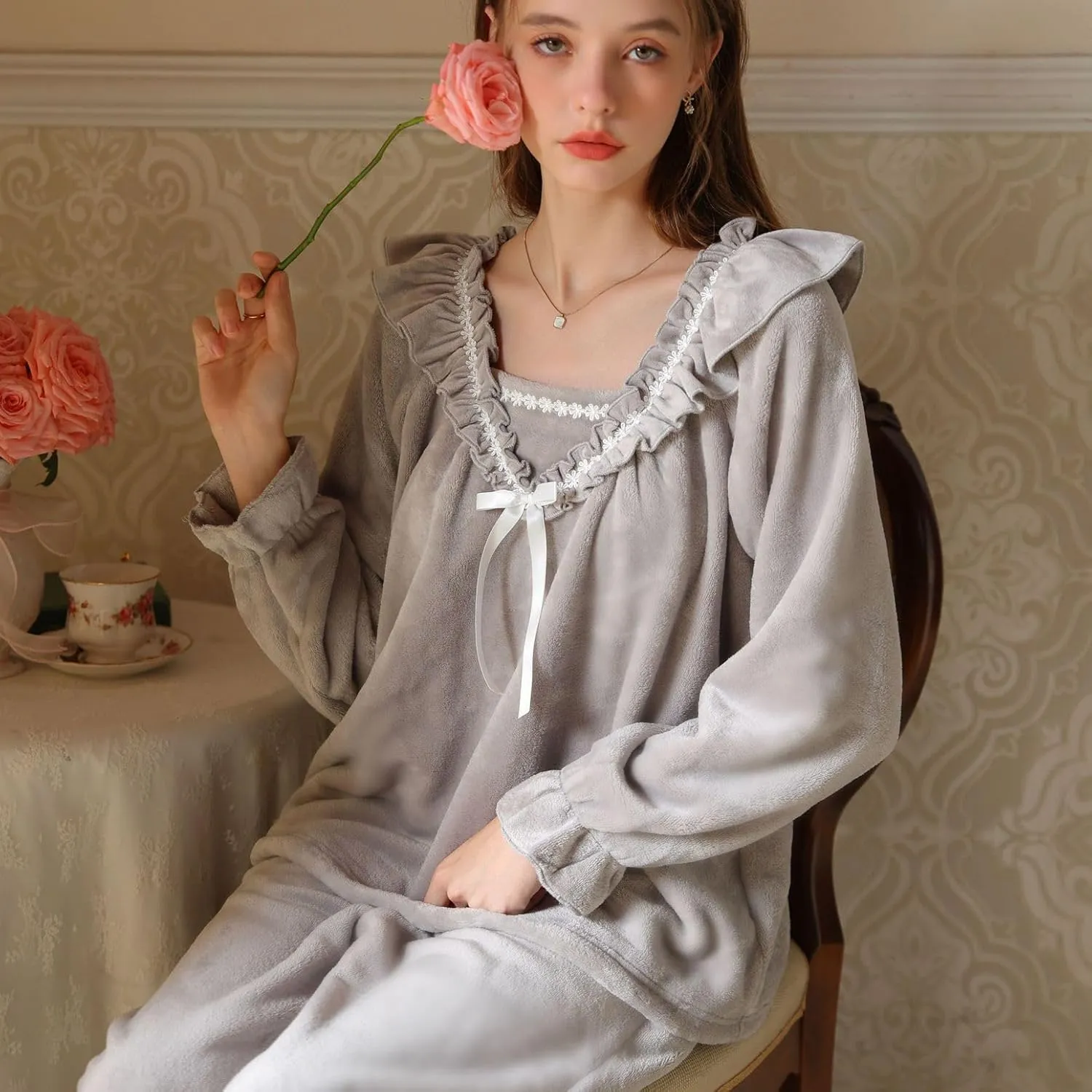 Lu's Chic Women's Fleece Pajama Set Cute Frilly Bowknot Ruffle V Neck Thick Warm Cozy Loungewear Winter Oversized Lounge Set