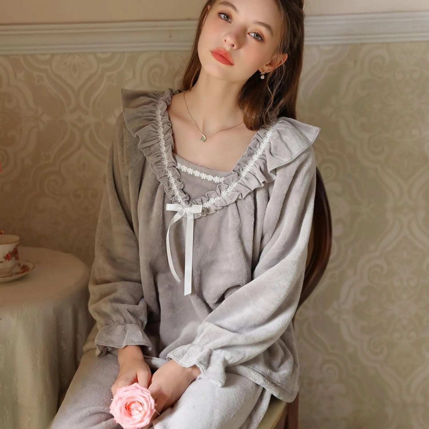 Lu's Chic Women's Fleece Pajama Set Cute Frilly Bowknot Ruffle V Neck Thick Warm Cozy Loungewear Winter Oversized Lounge Set